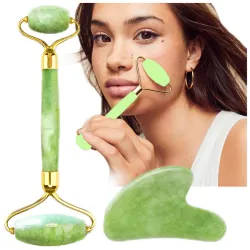 Masażer roller prawdziwy kamień jadeitowy do twarzy + GUA SHA zestaw