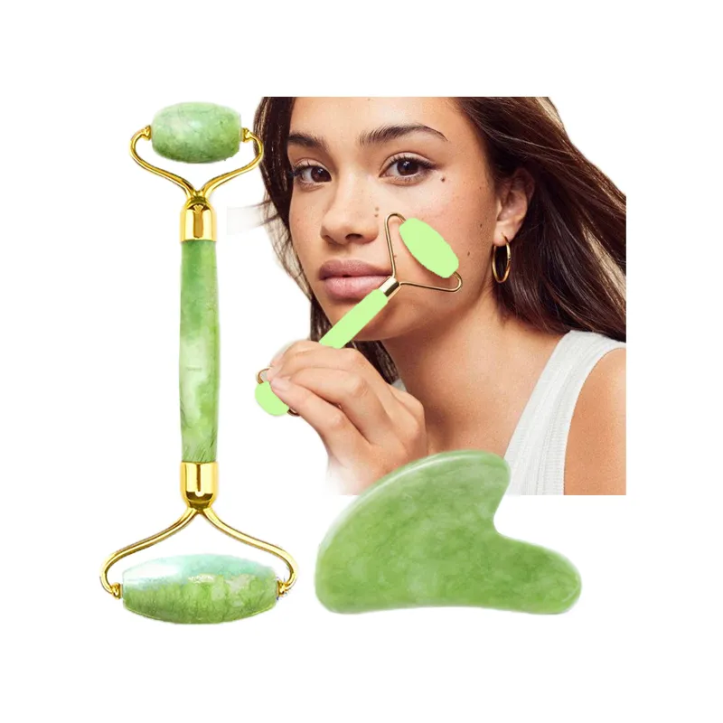 Masażer roller prawdziwy kamień jadeitowy do twarzy + GUA SHA zestaw