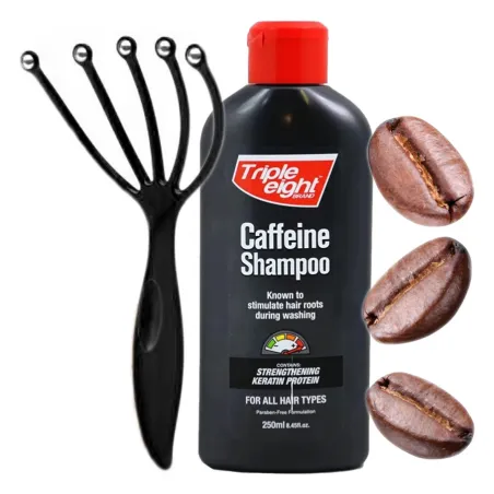 Triple Eight szampon na wypadanie włosów łysienie zakola porost włosów z KOFEINĄ z Anglii 250ml + GRABKI do zabiegu zestaw