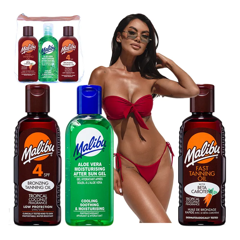 Malibu olejek do opalania przyspieszający opalanie brązujący przyśpieszacz opalania po opalaniu żel aloesowy ZESTAW