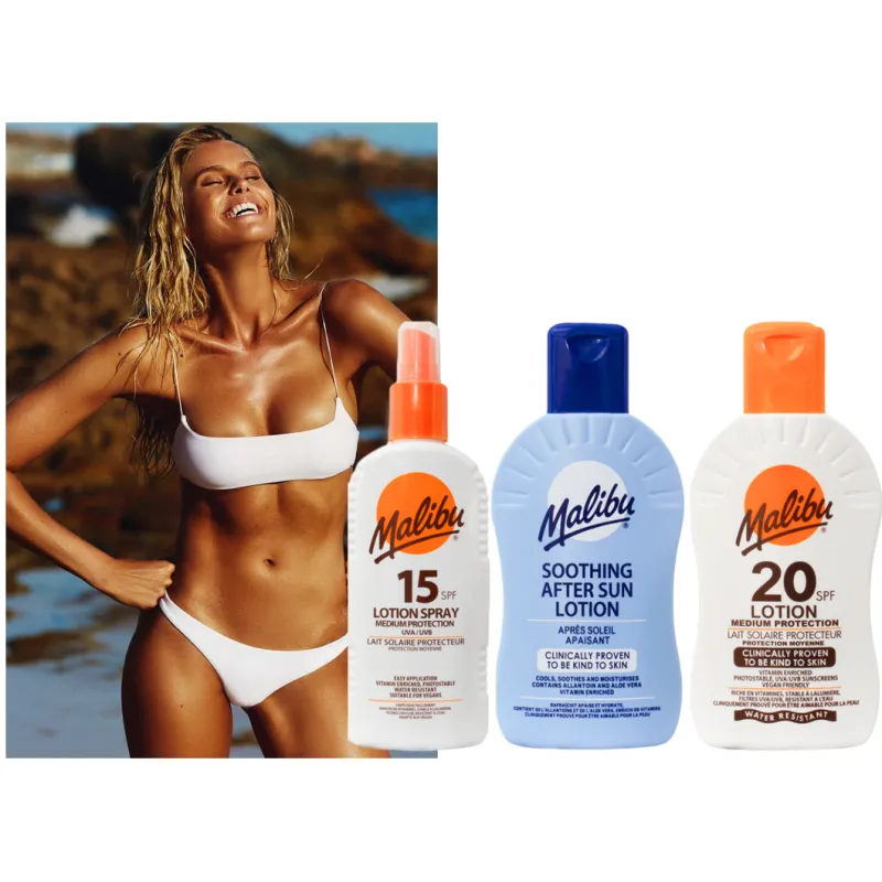 Malibu krem do opalania UVA UVB 15 20 SPF kosmetyki do opalania balsam wodoodporny + PO OPALANIU 3*100ml